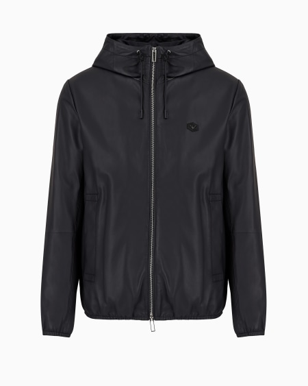 Armani Cazadora de napa de cordero semianilina con cremallera completa y capucha