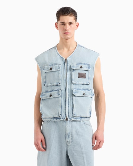 Armani Chaleco De Tejido Dobby Efecto Denim Con Múltiples Bolsillos