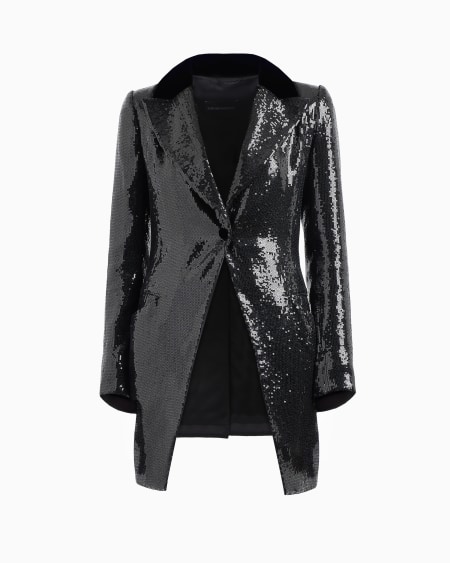 Armani Chaqueta larga con motivo integral de lentejuelas y detalles de terciopelo