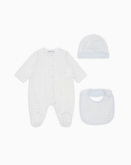 Armani Coffret-cadeau dors-bien bavoir et bonnet en jersey avec motif optique aigles