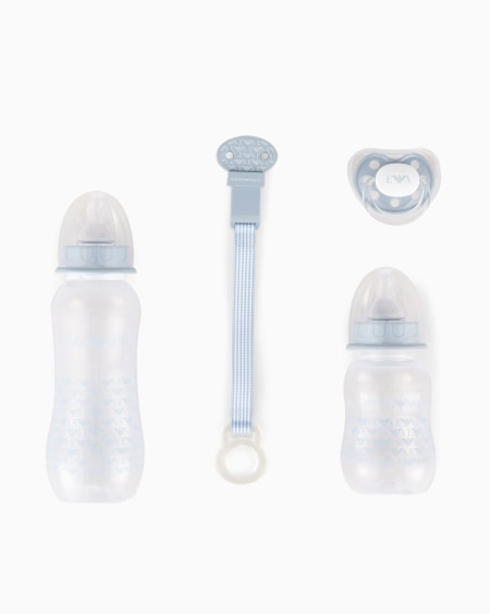 Armani Conjunto De Puericultura Con Dos Biberones Chupete Y Cadena Con Pinza