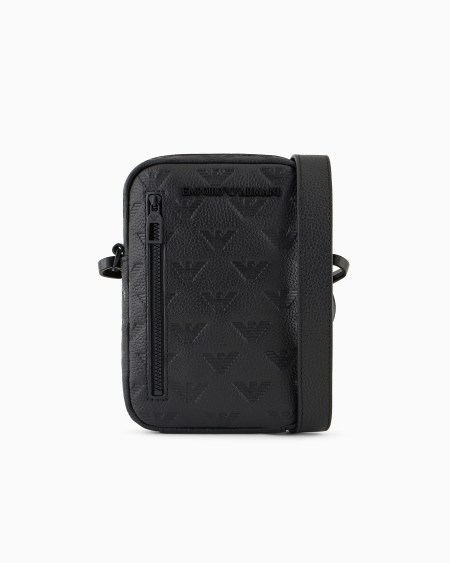 Armani Funda para dispositivos electrónicos con bandolera de piel con motivo integral de águila en relieve