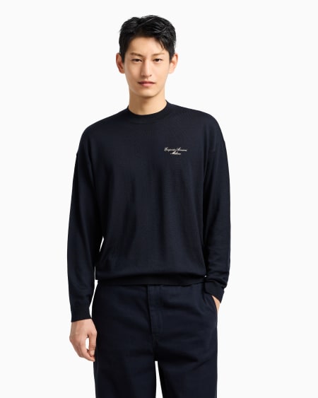 Armani Jersey En Lana Virgen De Punto Jersey Con Logotipo Bordado En Cursiva