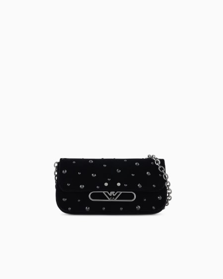 Armani Minibolso bandolera de terciopelo con strass y logotipo de águila de metal