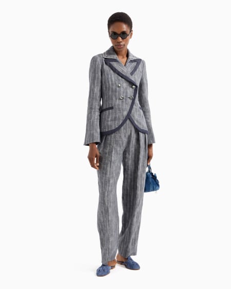 Armani Pantalones Con Pinzas De Mezcla De Lino Y Algodón Efecto Denim A Rayas