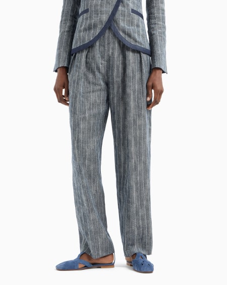 Armani Pantalones Con Pinzas De Mezcla De Lino Y Algodón Efecto Denim A Rayas