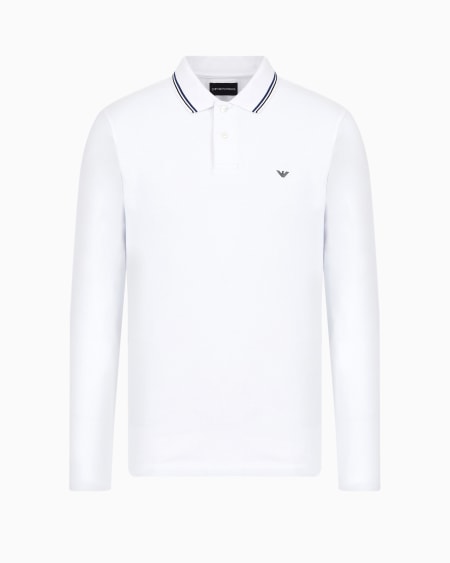 Armani Polo de manga larga de piqué elástico con bordado de microáguila