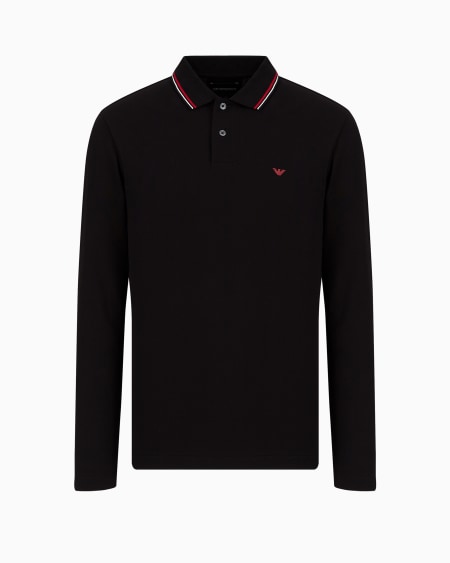 Armani Polo de manga larga de piqué elástico con bordado de microáguila