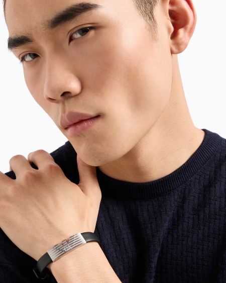 Armani Pulsera De Identificación Con Correa De Acero Inoxidable Y Piel Negra