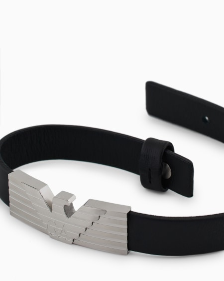 Armani Pulsera De Identificación Con Correa De Acero Inoxidable Y Piel Negra