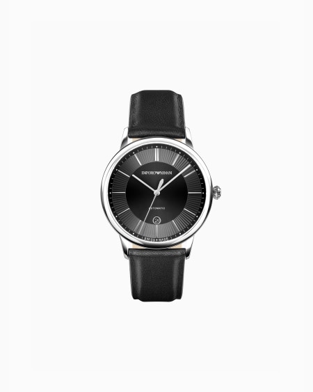 Armani Reloj automático de piel negra de fabricación suiza