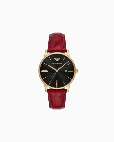 Armani Reloj con tres manecillas y visualización de fecha en piel roja burdeos