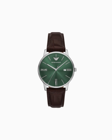 Armani Reloj de piel marrón con tres manecillas y visualización de fecha