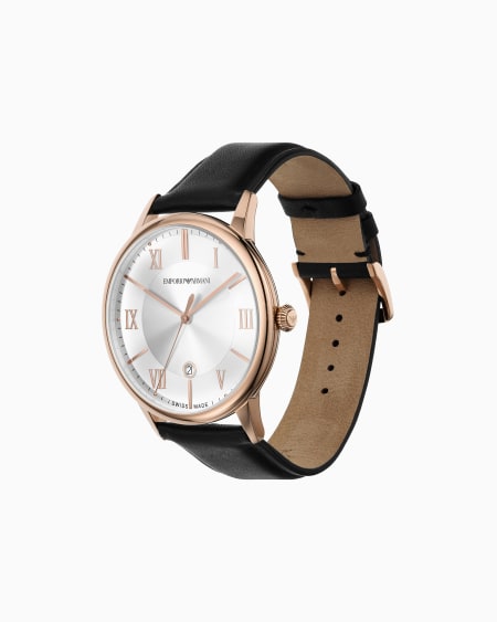 Armani Reloj De Piel Negra De Tres Manecillas Y Función De Fecha De Fabricación Suiza