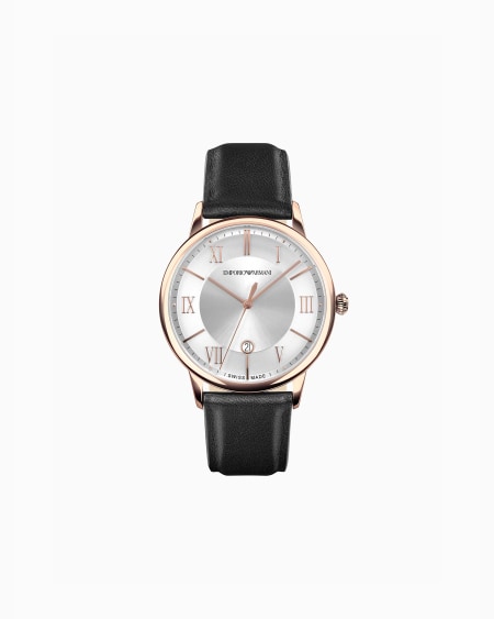 Armani Reloj de piel negra de tres manecillas y función de fecha de fabricación suiza