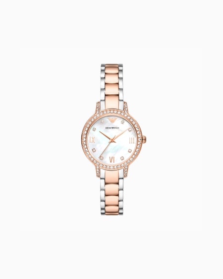 Armani Reloj de tres esferas con correa bicolor de acero inoxidable