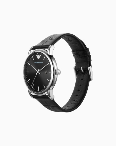 Armani Reloj De Tres Esferas Con Datario Y Correa De Piel Negra