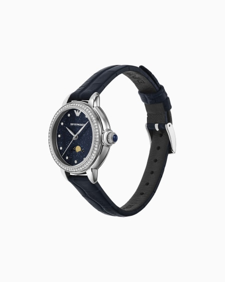 Armani Reloj De Tres Manecillas Con Fases Lunares De Piel Azul
