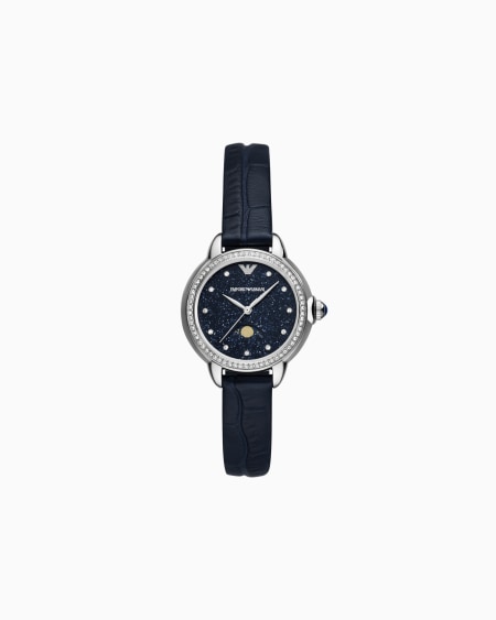 Armani Reloj de tres manecillas con fases lunares de piel azul