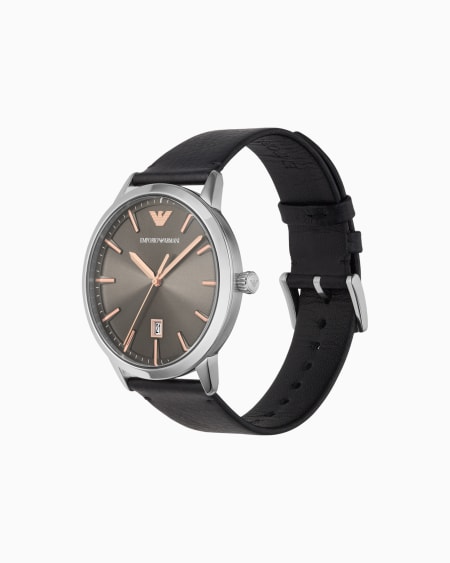 Armani Reloj De Tres Manecillas Con Visualización De Fecha Y Correa De Piel Negra