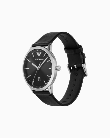 Armani Reloj De Tres Manecillas Con Visualización De Fecha Y Correa De Piel Negra