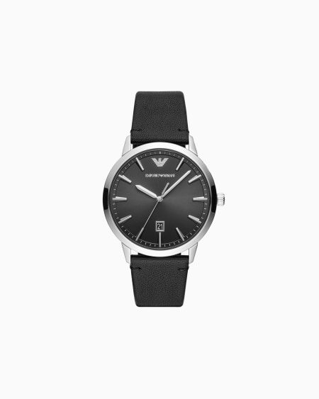 Armani Reloj de tres manecillas con visualización de fecha y correa de piel negra