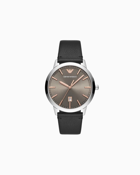 Armani Reloj de tres manecillas con visualización de fecha y correa de piel negra