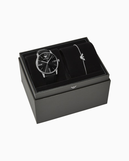 Armani Set De Pulsera Y Reloj De Piel Negra De Tres Manecillas Con Visualización De Fecha