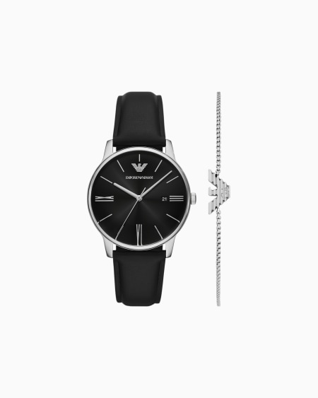 Armani Set de pulsera y reloj de piel negra de tres manecillas con visualización de fecha