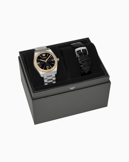 Armani Set De Reloj De Acero Inoxidable Con Tres Manecillas Y Visualización De Fecha Y Correa De Piel Intercambiable