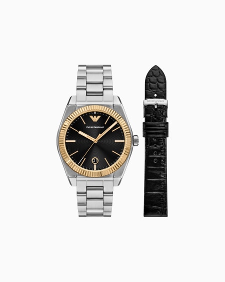 Armani Set de reloj de acero inoxidable con tres manecillas y visualización de fecha y correa de piel intercambiable