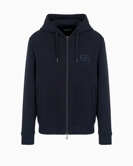 Armani Sudadera de punto double con capucha cremallera y logotipo EA bordado en relieve