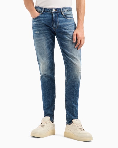 Armani Vaqueros J06 Slim Fit De Denim Elástico Lavado Con Roturas Y Pliegues