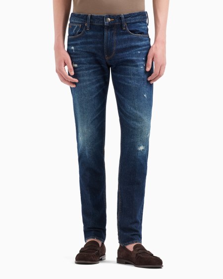 Armani Vaqueros J06 Slim Fit De Denim Elástico Lavado Con Roturas Y Pliegues