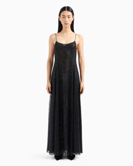 Armani Vestido Largo De Tul Con Bordado Integral De Microlentejuelas Y Azabaches