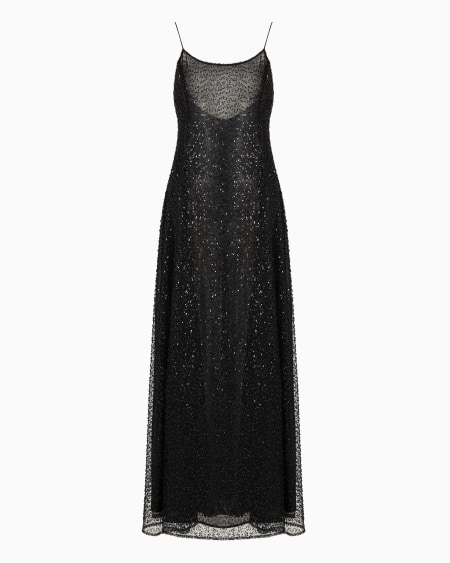 Armani Vestido largo de tul con bordado integral de microlentejuelas y azabaches