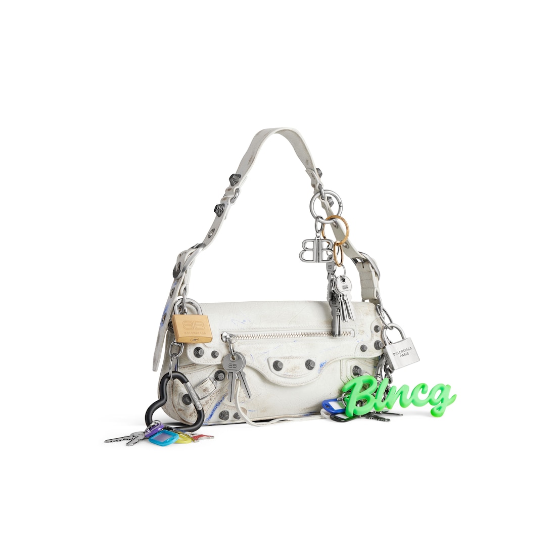 Balenciaga Bolso Sling Le Cagole Pequeño Efecto Desgastado Con Charms Para Mujer En Blanco