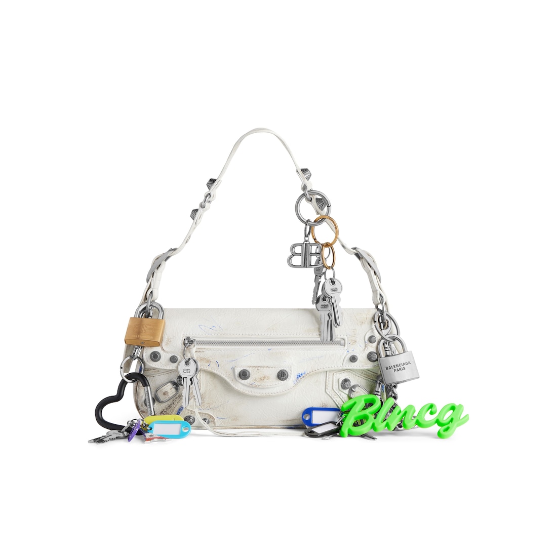 Balenciaga Bolso Sling Le Cagole Pequeño Efecto Desgastado Con Charms para Mujer en Blanco