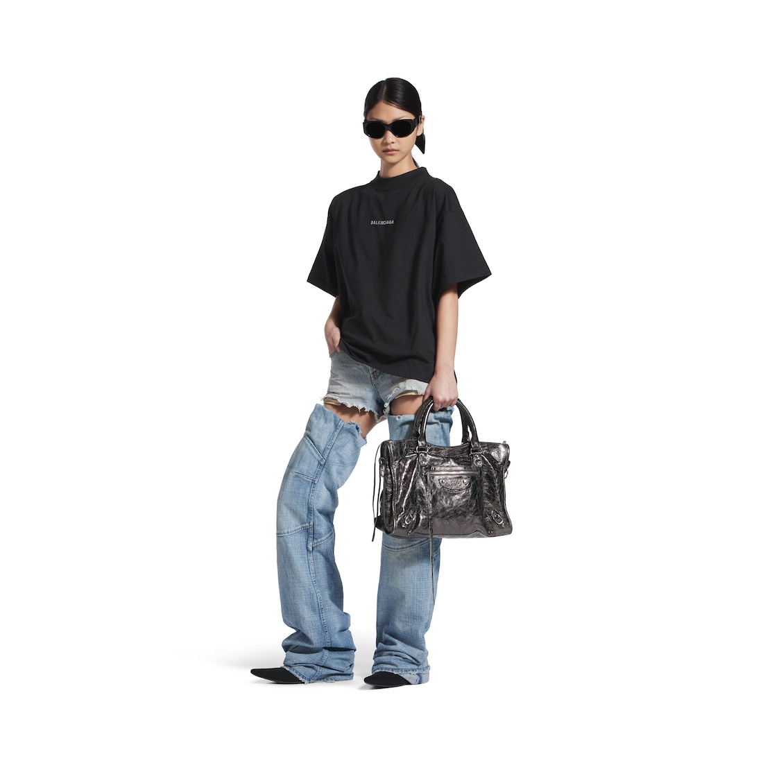 Balenciaga Camiseta Cropped Balenciaga Back Strass para Mujer en Negro