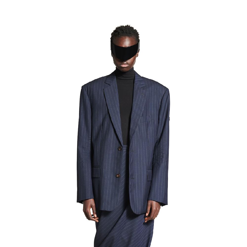 Balenciaga Chaqueta Botonadura Simple Regular Para Mujer En Azul Marino Oscuro