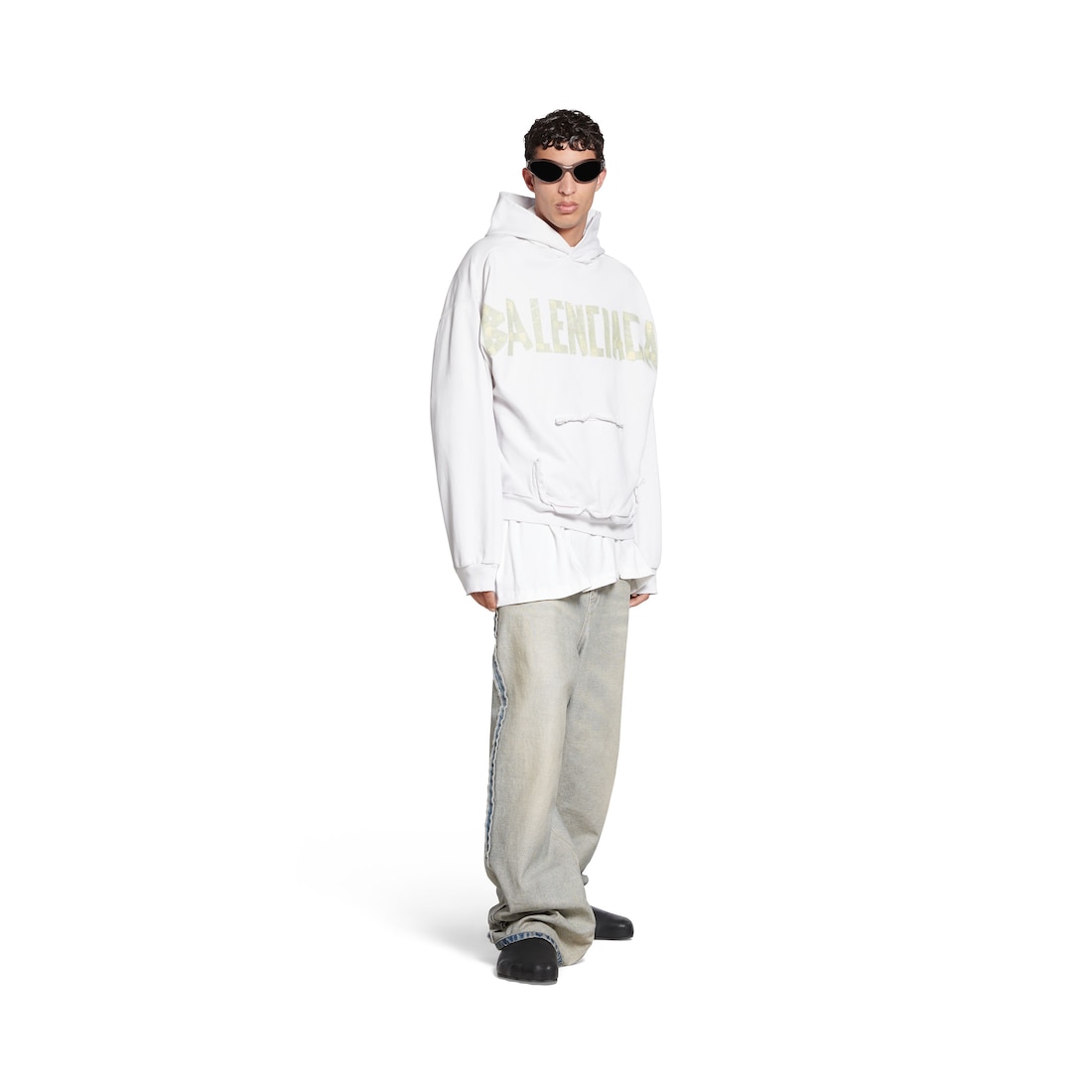 Balenciaga Hoodie Ripped Pocket Tape Type Large Fit en Blanco