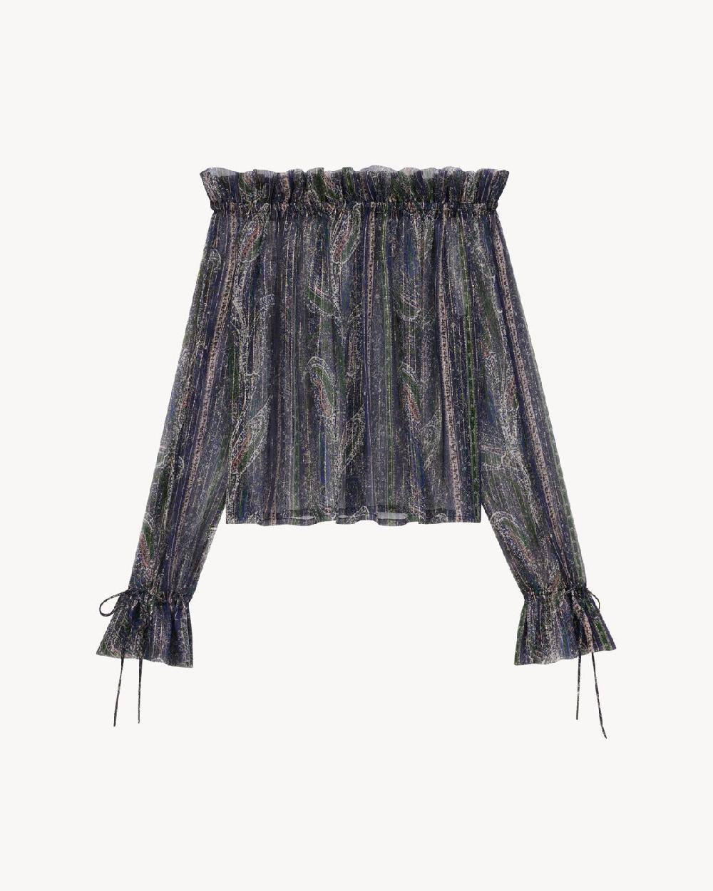 Saint Laurent Blusa Con Volantes De Crespón De Seda De Lúrex Con Motivo De Cachemira