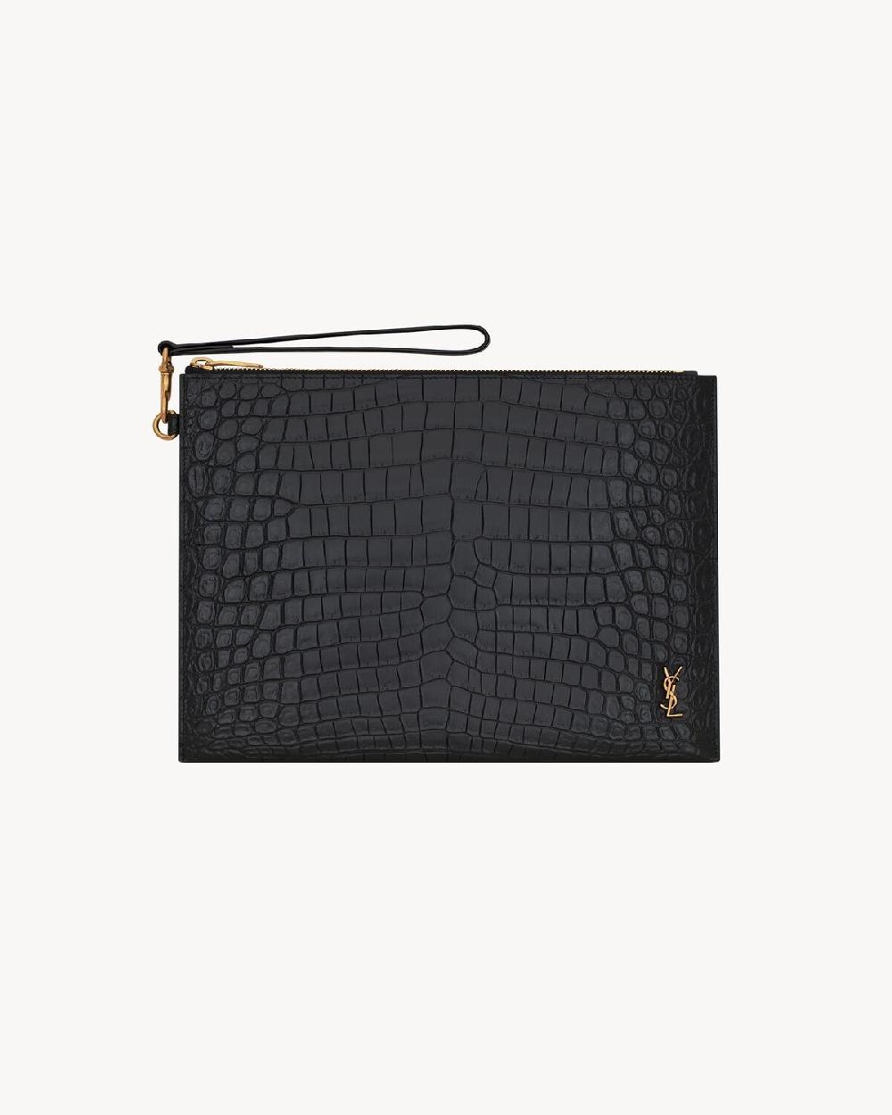 Saint Laurent funda para tableta con cremallera tiny cassandre de piel repujada de cocodrilo