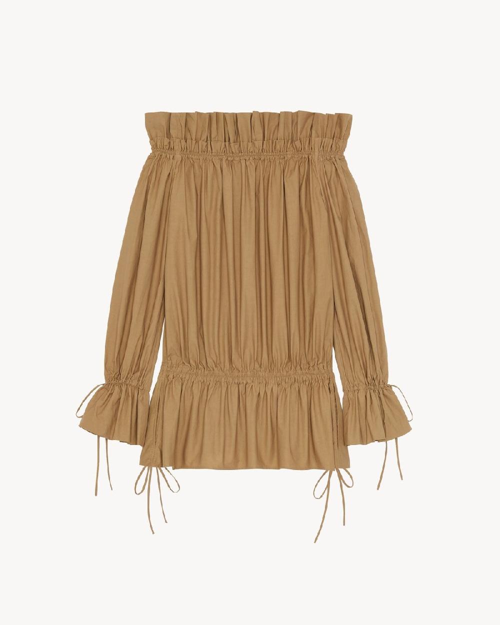 Saint Laurent Vestido Fruncido De Sarga De Algodón