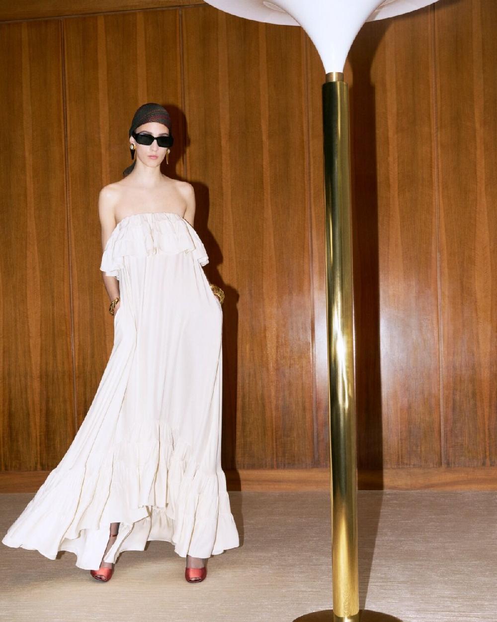 Saint Laurent Vestido Con Volantes De Crepé De Satén De Seda