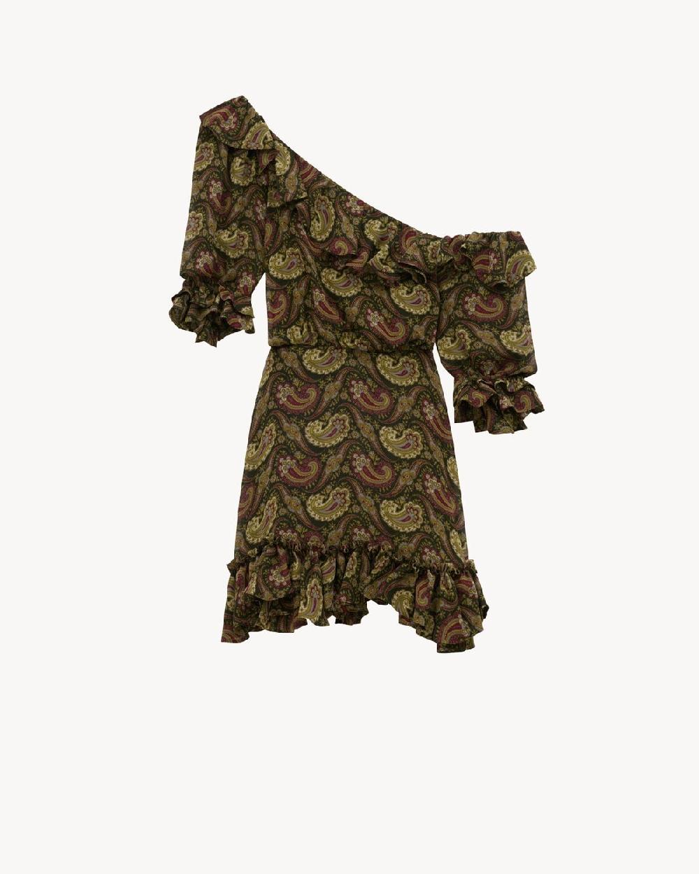 Saint Laurent Vestido Con Volantes De Muselina De Motivo De Cachemira