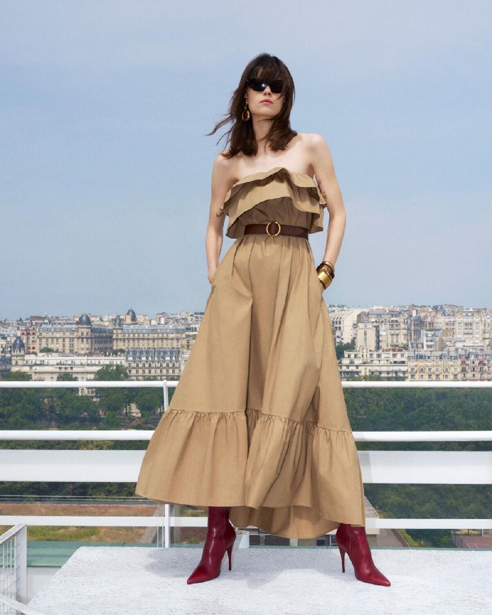 Saint Laurent Vestido Con Volantes De Sarga De Algodón