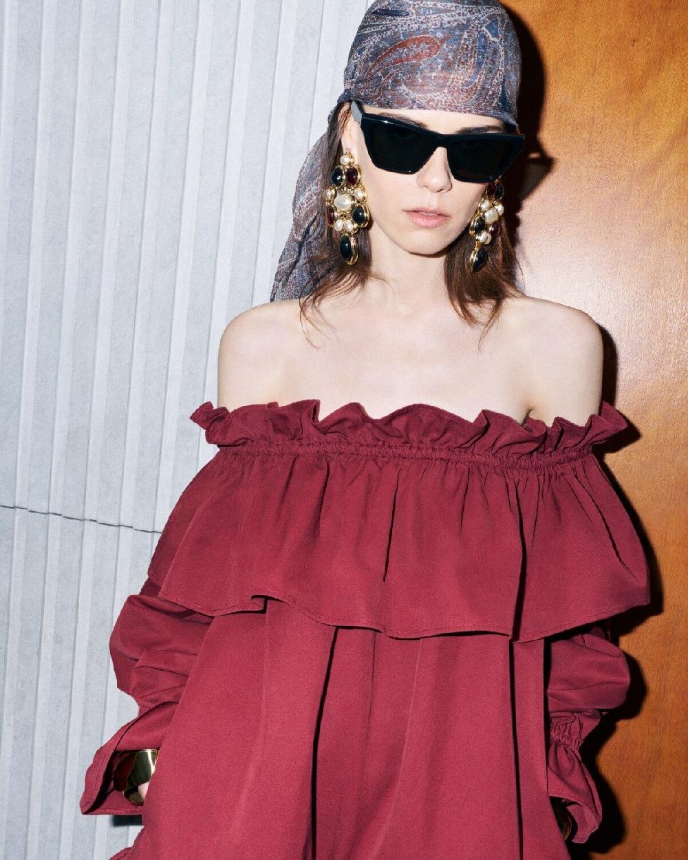 Saint Laurent Vestido Con Volantes De Twill De Algodón