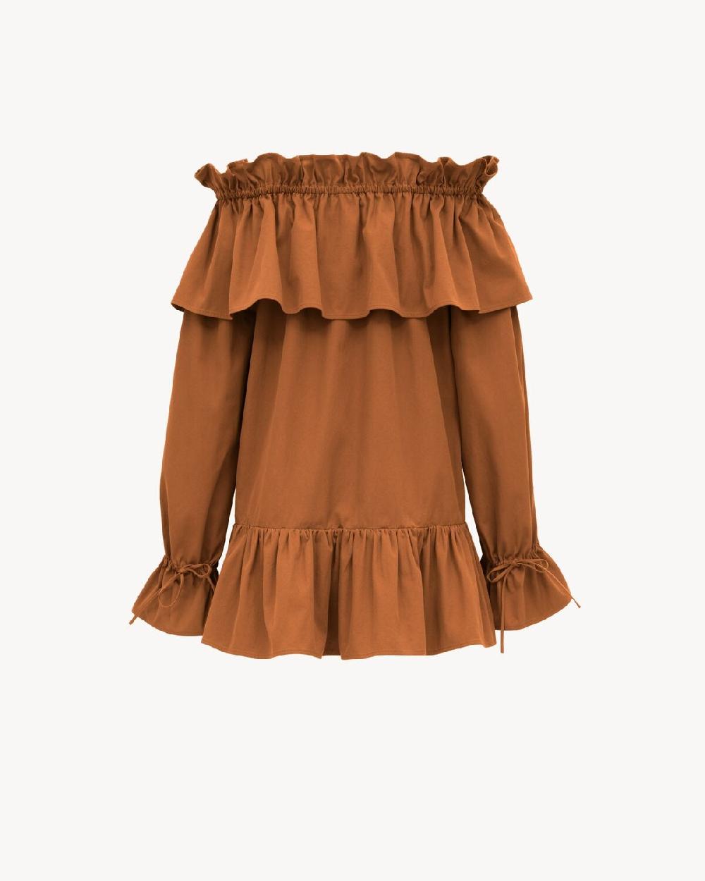 Saint Laurent Vestido Con Volantes De Twill De Algodón