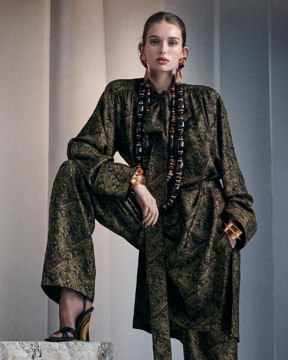 Saint Laurent Vestido Lavallière De Twill De Seda Con Motivo De Cachemira